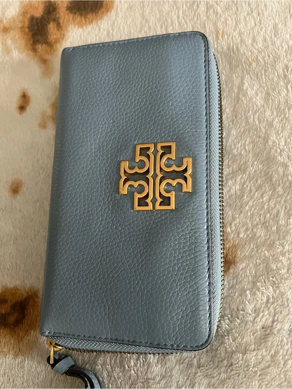 Tory Burch Steel Blue Pebbled Leather Zip Wallet with Gold Logo